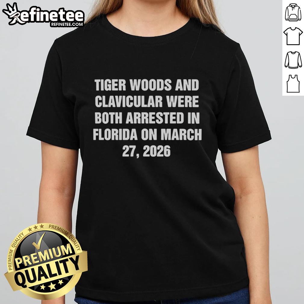 Funny Ladies Tee featuring Tiger Woods and Clavicular's March 27, 2026 Florida arrest, capturing a humorous moment.