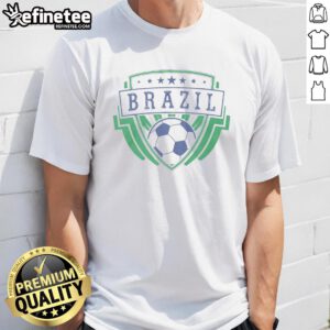 Alt Text: Original Brazil Emblem Badge on a World Cup Football T-Shirt, showcasing vibrant colors and sporty design.