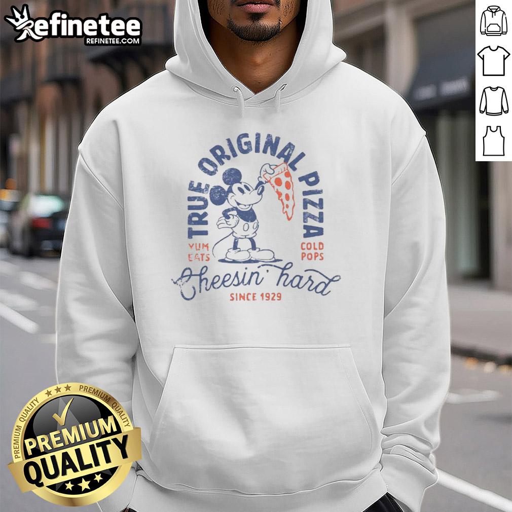 Alt Text: Original Disney Mickey Mouse True Original Pizza Cheesin Hard Hoodie featuring iconic Mickey design and vibrant colors.