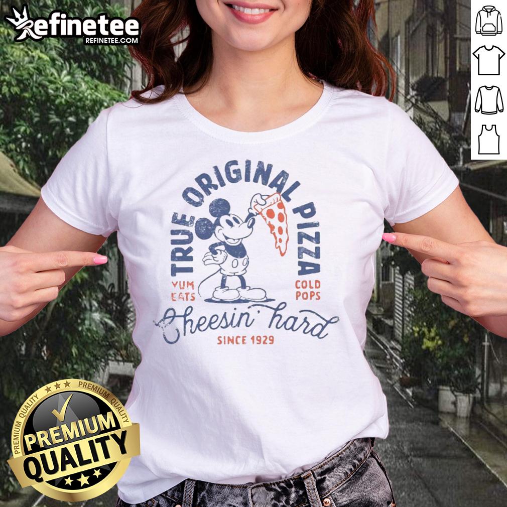 Original Disney Mickey Mouse True Original Pizza Cheesin Hard Ladies Tee featuring a fun Mickey graphic and vibrant colors.