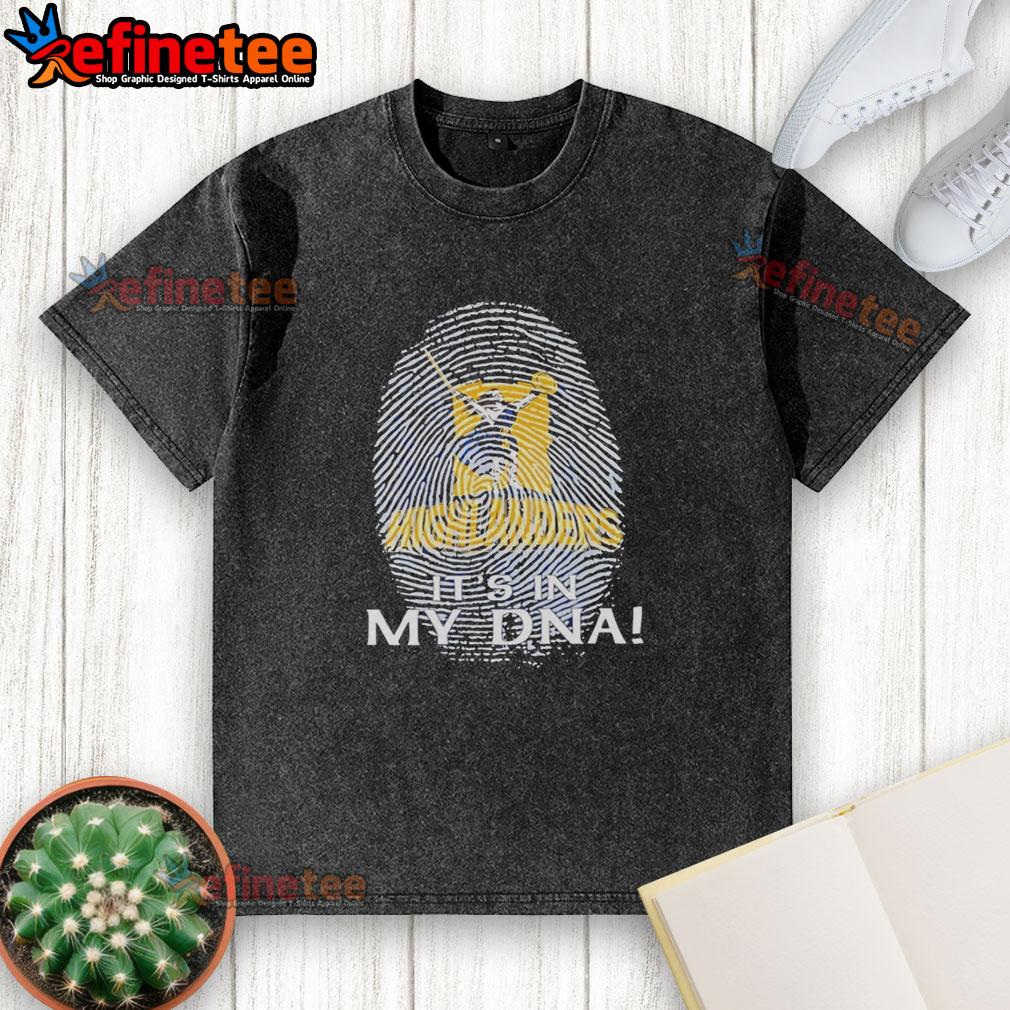 Alt Text: Original Highlanders Rugby Club 2026 It's In My DNA finger print graphic on a washed t-shirt, showcasing team spirit.