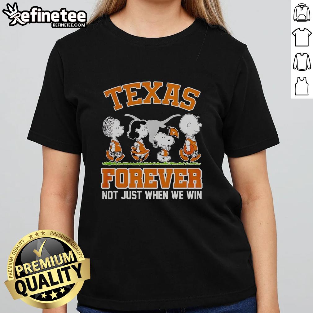 Original Peanuts characters celebrate Texas Longhorns with 'NBA Forever' ladies tee, perfect for fans and casual wear.