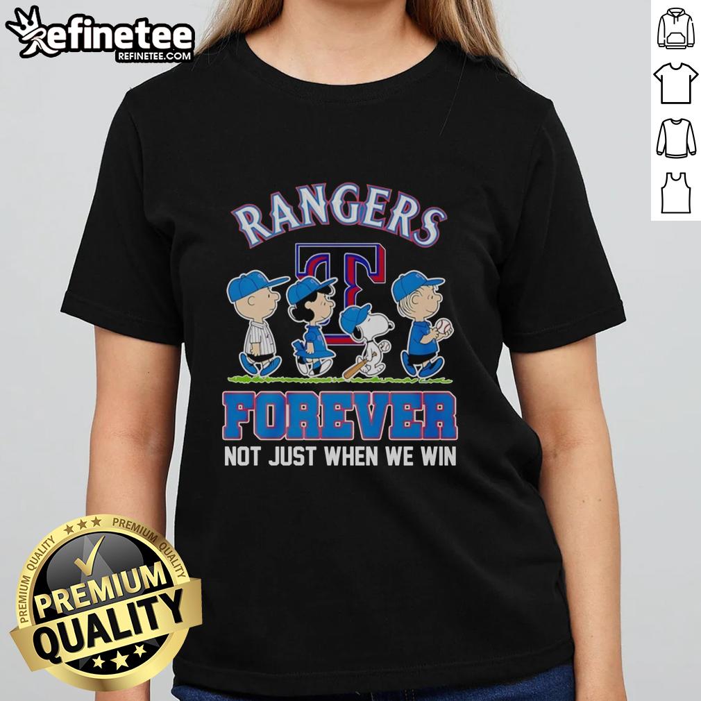 Alt Text: Ladies tee featuring original Peanuts characters and Texas Rangers MLB design, celebrating fandom beyond just winning.