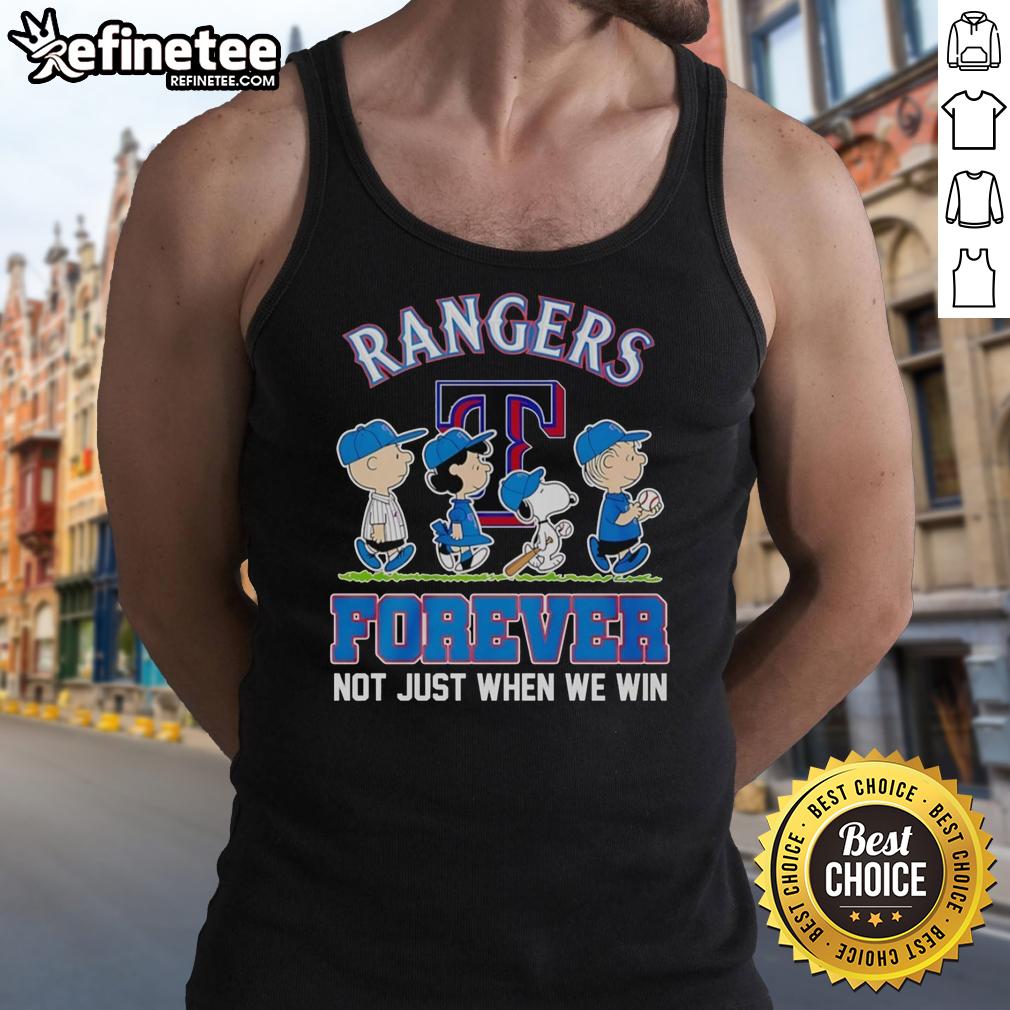Original Peanuts characters on Texas Rangers MLB tank top, celebrating fandom with 'Forever Not Just When We Win' slogan.