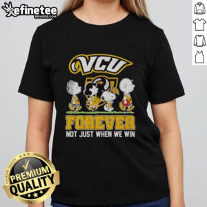 Original Peanuts characters on a VCU Rams NBA tee, celebrating fandom with 'Forever, Not Just When We Win' slogan.