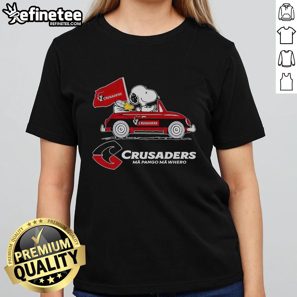 Alt Text: Original Snoopy and Woodstock Driver Car Crusaders Ladies Tee featuring vibrant graphics and a stylish design.