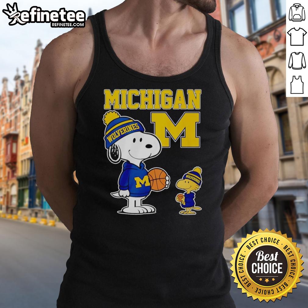 Snoopy and Woodstock in Michigan Wolverines jersey tank top, showcasing a fun sports-themed cartoon design.