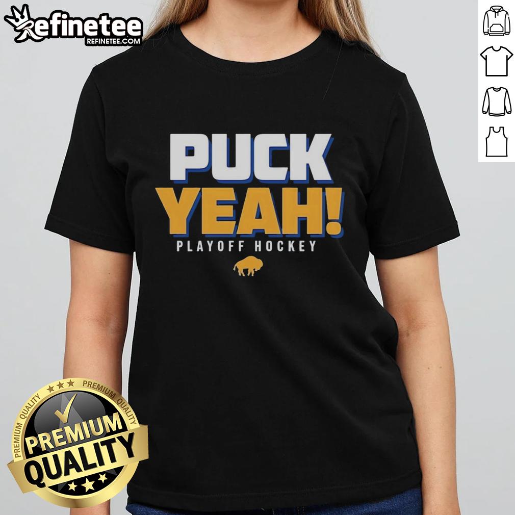 Alt Text: Premium Buffalo Sabres Puck Yeah Playoffs 2026 logo on ladies tee, perfect for hockey fans and playoff excitement.