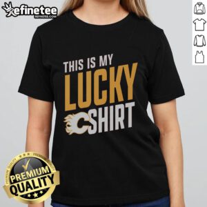 Alt Text: Premium Calgary Flames This Is My Lucky Ladies Tee in red, perfect for female fans showcasing team spirit.