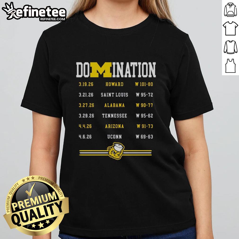 Premium Michigan Wolverines Men's Basketball Champions 2025-2026 Domination Ladies Tee featuring team logo and colors.