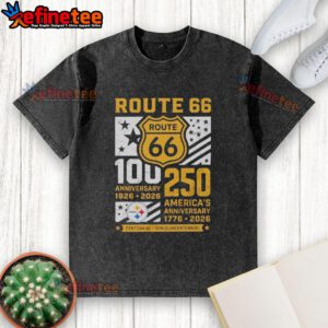 Alt Text: Premium Pittsburgh Steelers Route 66 Centennial 100th Anniversary washed t-shirt celebrating 250th America Anniversary.
