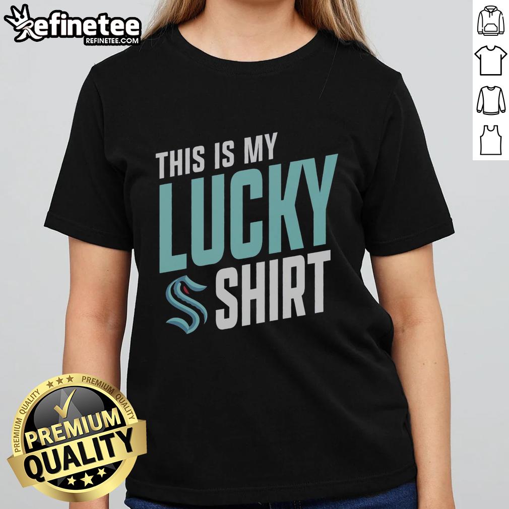 Alt Text: Premium Seattle Kraken 'This Is My Lucky' ladies tee featuring stylish design and vibrant team colors for fans.
