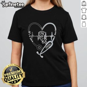 Alt Text: Pretty Chicago White Sox heart and soul tee with stethoscope and heartbeat design for ladies.