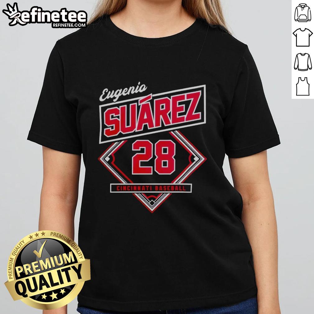 Alt Text: Eugenio Suarez wearing a classic Cincinnati Reds Diamond Ladies Tee, showcasing team spirit and style.