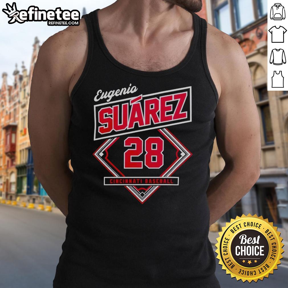 Alt Text: Stylish Cincinnati Reds Eugenio Suarez Classic Diamond Tank Top featuring team colors and logo, perfect for fans.