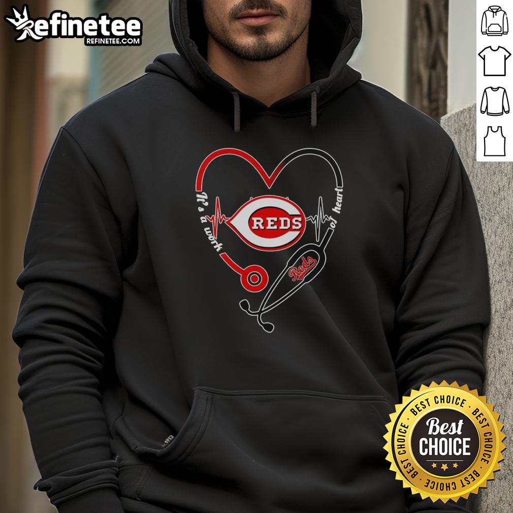 Alt Text: Cincinnati Reds heart and soul hoodie with stethoscope and heartbeat design, perfect for fans and healthcare workers.