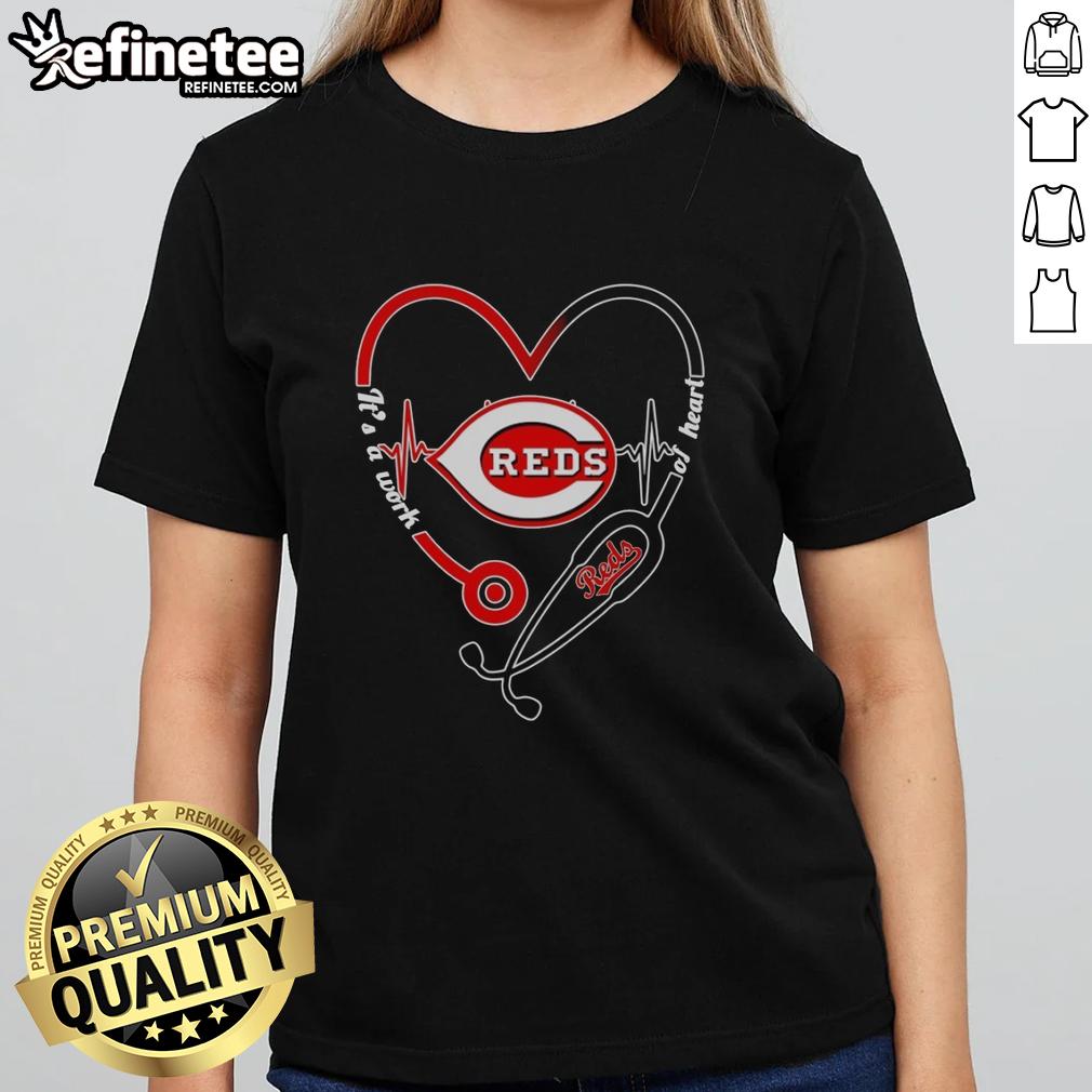 Pretty Cincinnati Reds heart and soul tee with stethoscope and heartbeat design for ladies, showcasing team spirit.