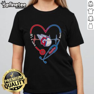 Alt Text: Cleveland Guardians heart and soul tee featuring stethoscope and heartbeat design, perfect for fans and healthcare workers.