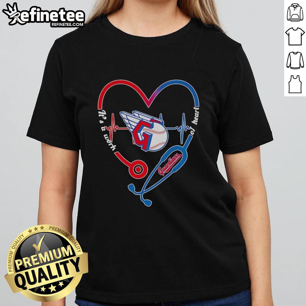Alt Text: Cleveland Guardians heart and soul tee featuring stethoscope and heartbeat design, perfect for fans and healthcare workers.