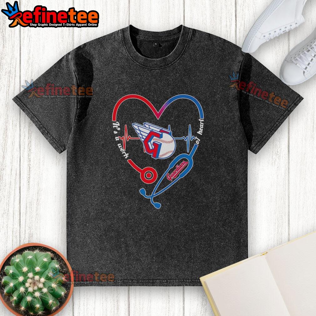 Alt Text: Pretty Cleveland Guardians heart and soul t-shirt featuring stethoscope and heartbeat design in a washed style.
