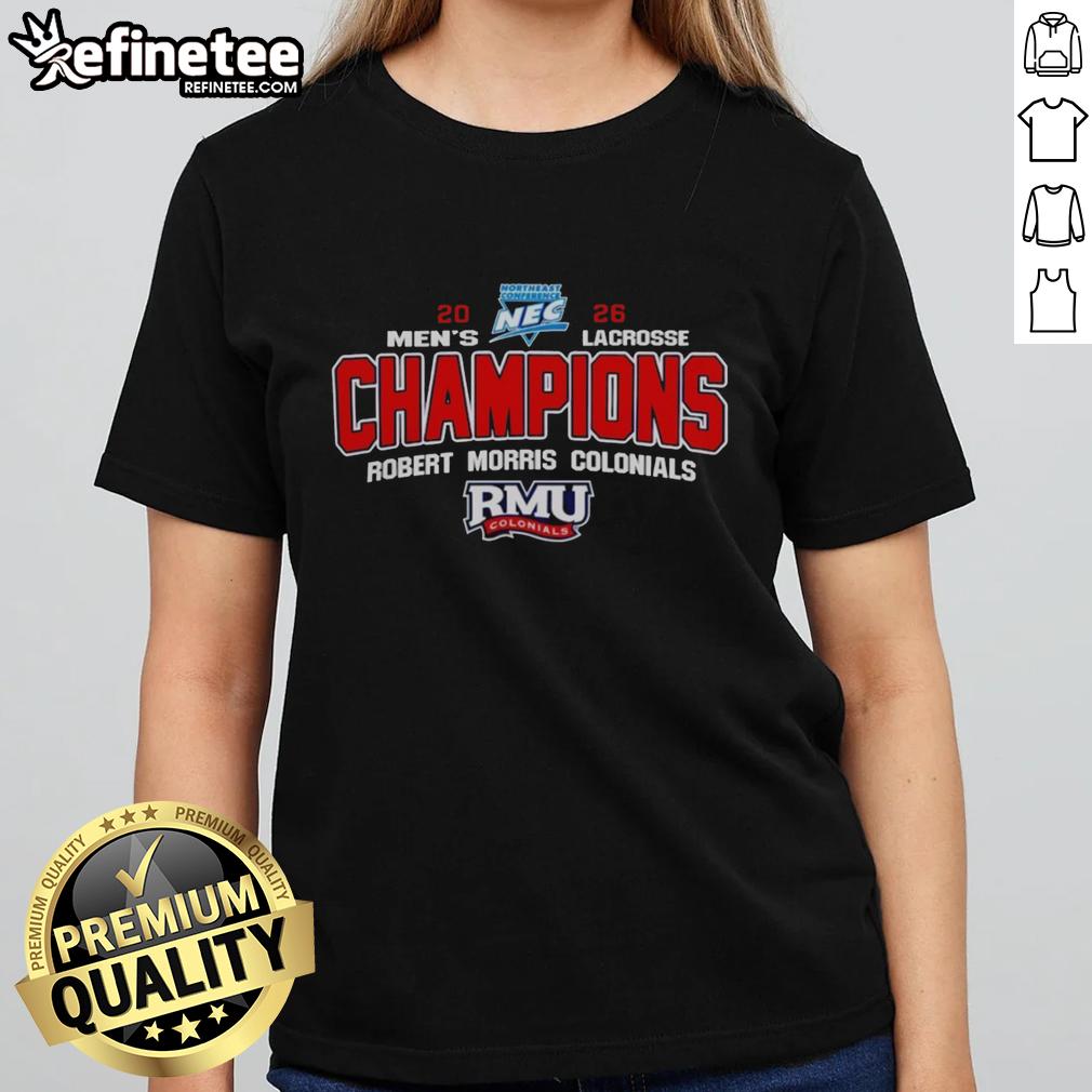 Alt Text: Stylish NCAA Robert Morris Colonials 2026 Northeast Conference Tournament Champions ladies tee in vibrant colors.
