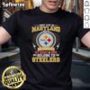 Pretty Pittsburgh Steelers t-shirt with slogan 'I May Live In Maryland But On Sundays My Heart Belongs To Steelers'.