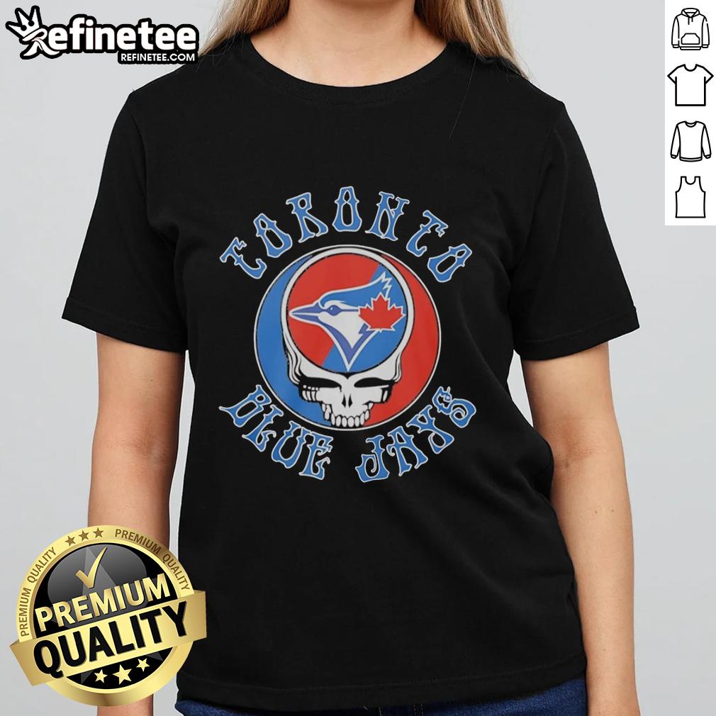 Alt Text: Pretty Toronto Blue Jays X Grateful Dead Steal Your Face logo mashup on a stylish ladies tee.
