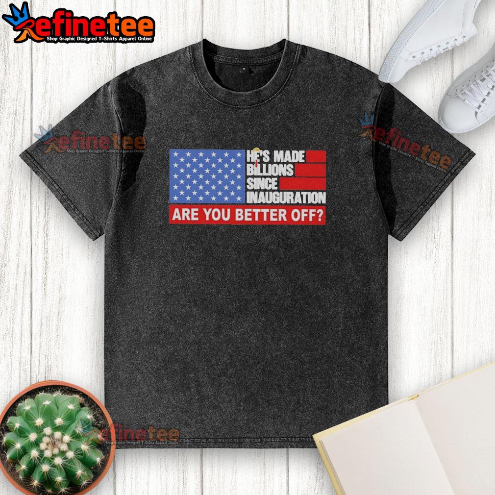 Alt Text: Pretty Trump hair on a man wearing a patriotic washed t-shirt, questioning if Americans are better off post-inauguration.