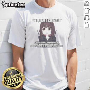 Man wearing 'Pretty Yes I Am A Cis Male' Eggirl T-Shirt while scrolling on his phone, showcasing trendy casual fashion.