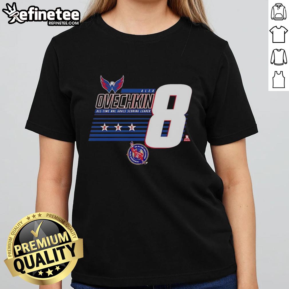 Top Alexander Ovechkin 8 Washington Capitals All-Time NHL Goals Scoring Leader Ladies Tee featuring team colors.