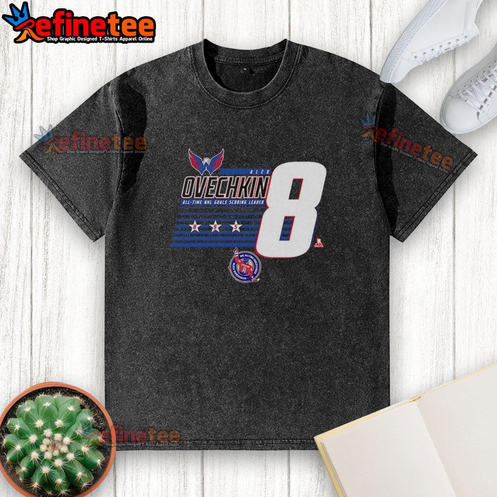 Alt Text: Top Alexander Ovechkin 8 Washington Capitals all-time NHL goals scoring leader washed T-shirt design.