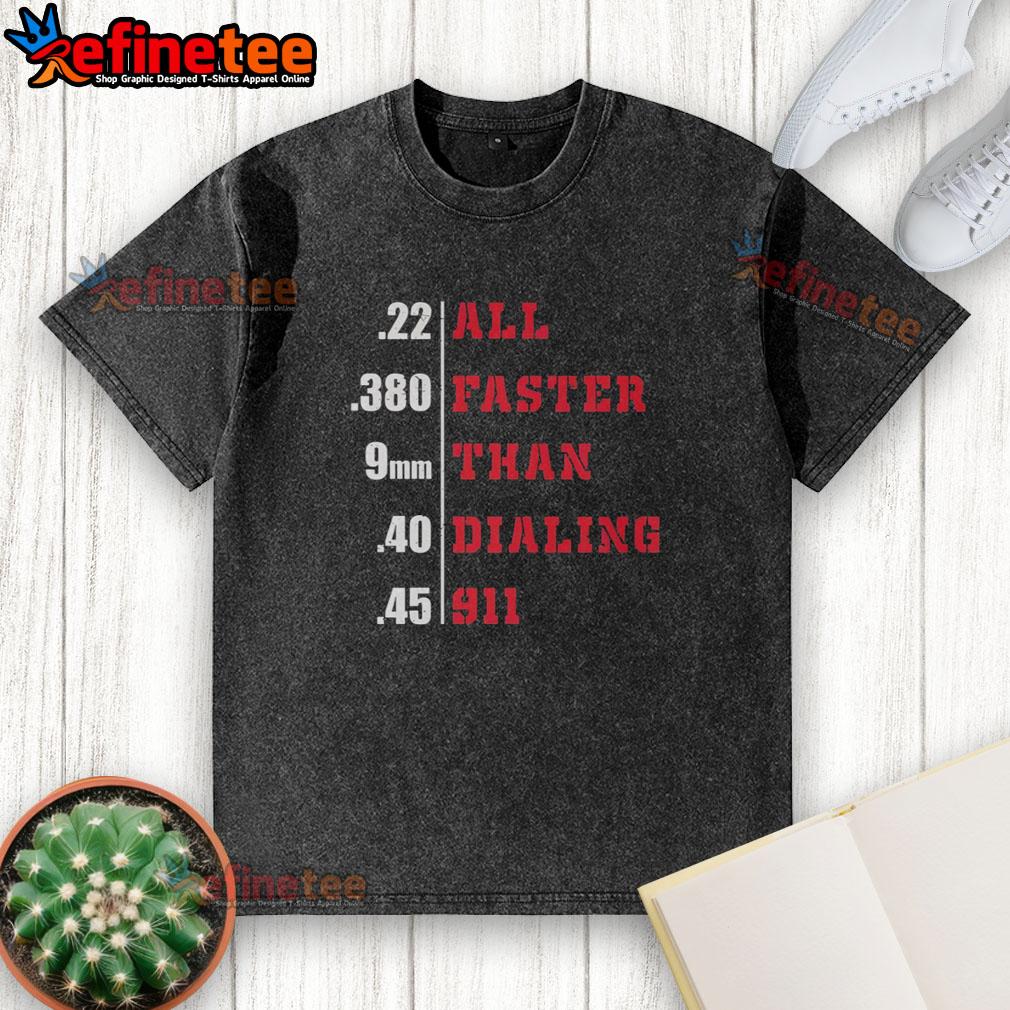 Top All Faster Than Dialing 911 Washed T-Shirt displayed on a hanger, showcasing its unique design and soft fabric.