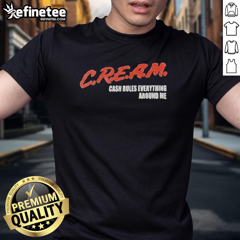 Top Cream Cash Rules Everything Around Me T-Shirt featuring bold lettering on a stylish tee for casual wear.