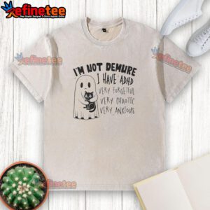 Cute ghost hugging a black cat on a washed t-shirt, featuring the phrase I'm not demure, I have ADHD. Perfect for chaotic vibes!