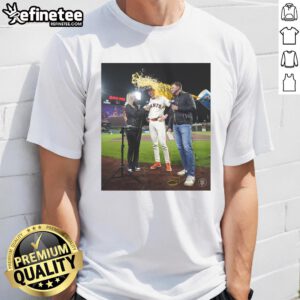 Top Daniel Susac San Francisco Giants t-shirt featuring water being thrown on a fan in a playful celebration.