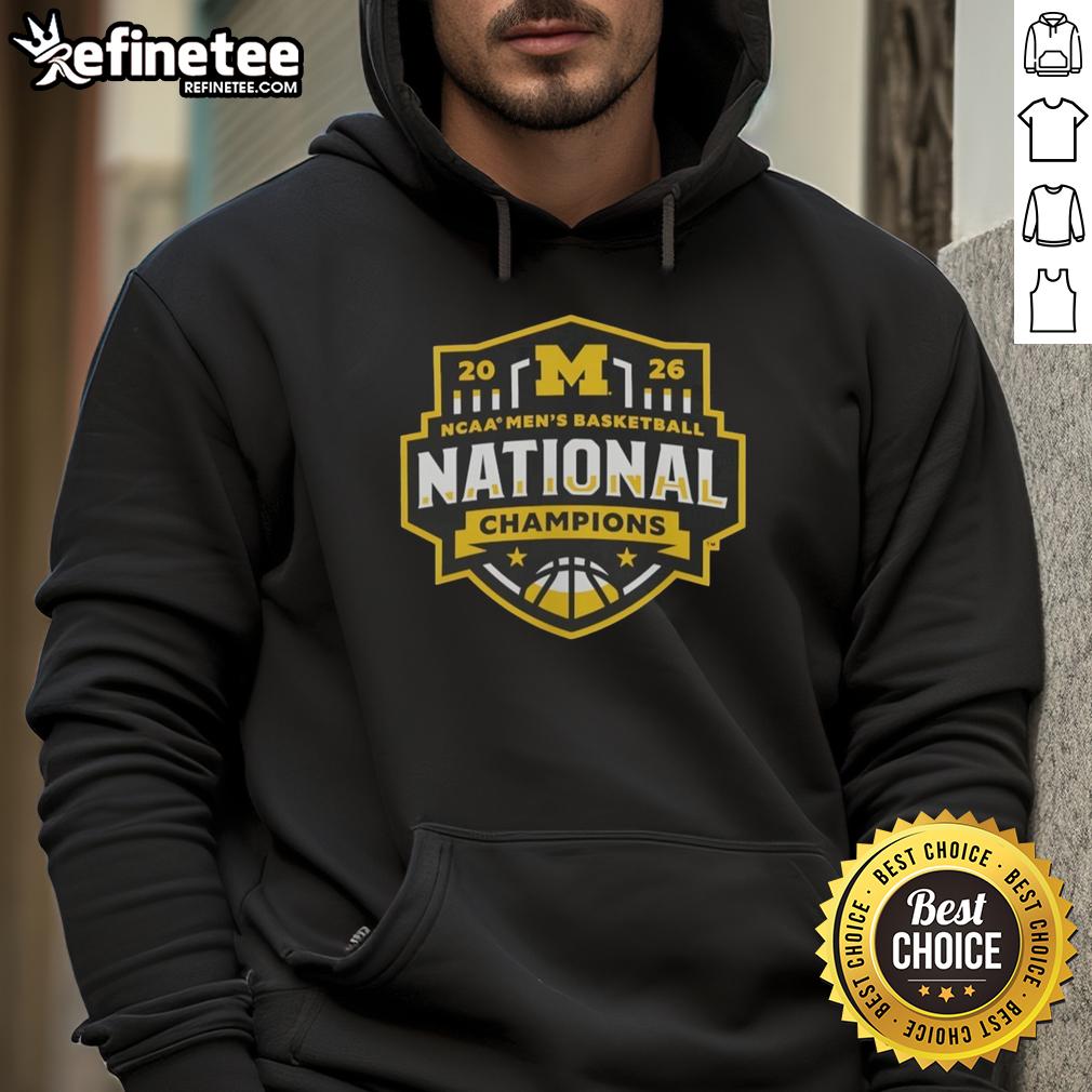 Alt Text: 2026 NCAA Men's Basketball National Champions hoodie featuring Michigan Wolverines half-court hero design.