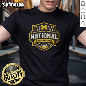 Alt Text: Top Michigan Wolverines 2026 NCAA Men's Basketball National Champions Half-Court Hero T-Shirt in blue and maize.