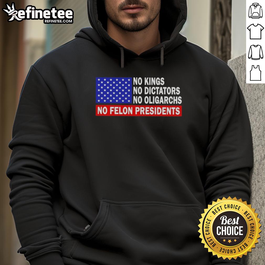 Top No Kings No Dictators No Oligarchs No Felon Presidents Hoodie in black, promoting democratic values and political freedom.