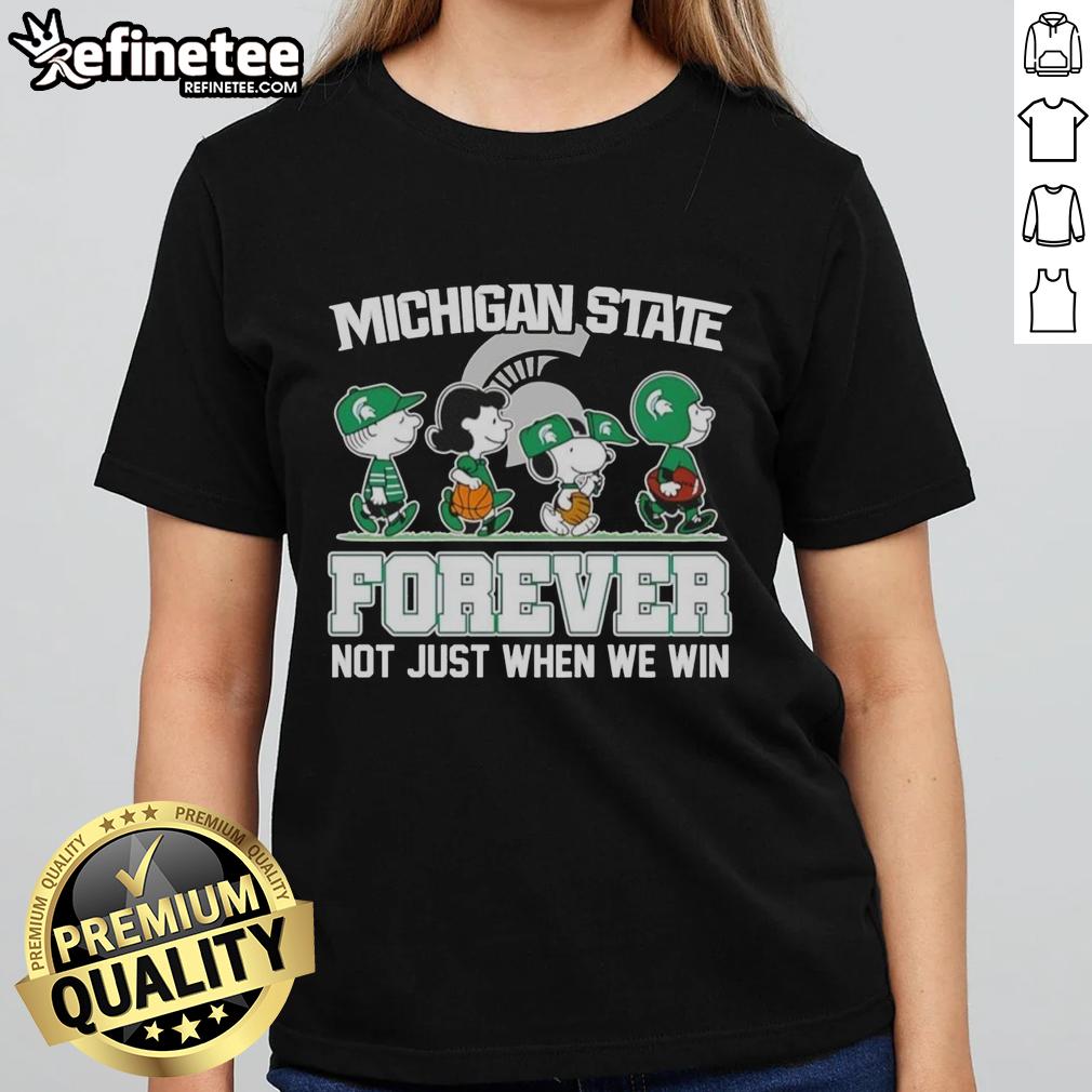 Top Peanuts x Michigan State Spartans Forever Fan cartoon ladies tee featuring beloved characters celebrating fandom.