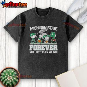 Alt Text: Cartoon characters on a washed t-shirt featuring Top Peanuts X Michigan State Spartans Forever Fan slogan.