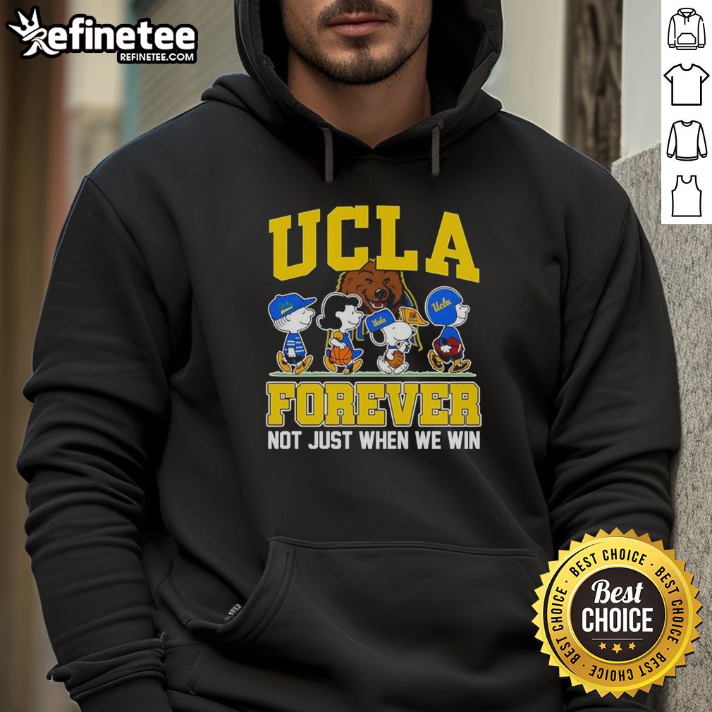 Cartoon characters in UCLA Bruins hoodie, showcasing 'Top Peanuts X UCLA Bruins Forever Fan' theme, perfect for loyal fans.