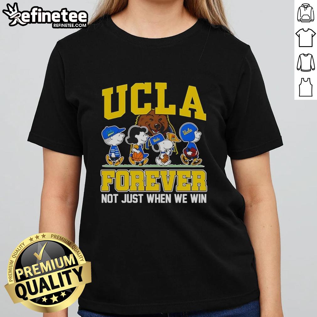 Cartoon characters on Top Peanuts x UCLA Bruins Forever Fan tee, celebrating loyalty beyond wins. Perfect for ladies!