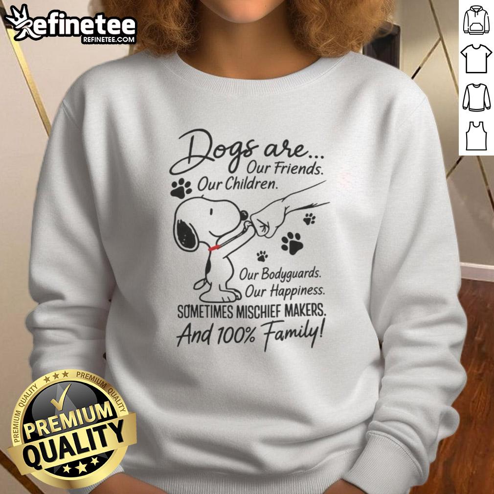 Alt Text: Cozy sweatshirt featuring Snoopy with the phrase Dogs Are Our Friends, Children, Bodyguards, and Happiness.