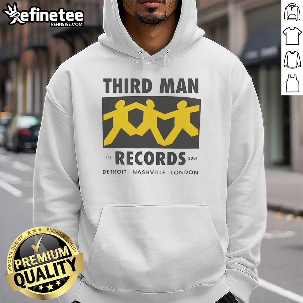 Alt Text: Top Third Man Records hoodie featuring Detroit, Nashville, London established 2001 design, perfect for music fans.