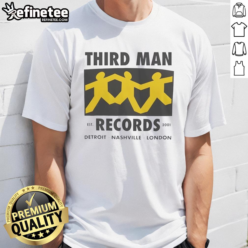 Alt Text: Top Third Man Records Detroit Nashville London Est 2001 T-Shirt featuring iconic logo and city names.