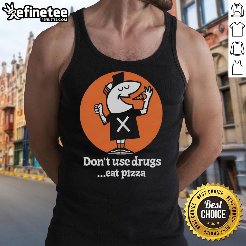 Funny Little Caesars Don't Use Drugs Eat Pizza tank top design featuring pizza graphics and a humorous message.