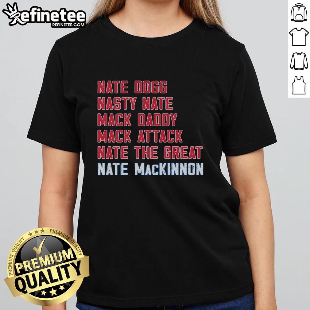 Good Nathan MacKinnon Mack List Colorado Avalanche Ladies Tee, featuring vibrant team colors and stylish design for fans.