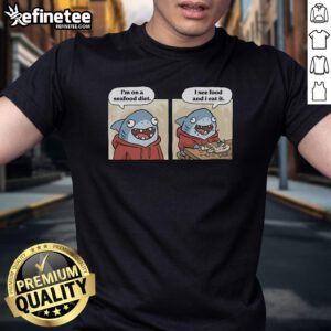 Funny 'Good Shark Seafood Diet' T-Shirt featuring a playful shark graphic, perfect for seafood lovers and humor enthusiasts.