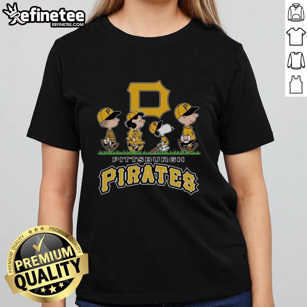 Snoopy, Charlie Brown, Linus, and Lucy in Pittsburgh Pirates baseball jerseys on a ladies' tee shirt.