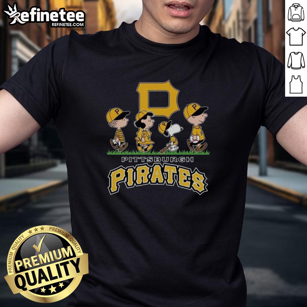 Alt Text: Snoopy, Charlie Brown, Linus, and Lucy wearing Pittsburgh Pirates baseball jerseys, celebrating in a fun cartoon scene.